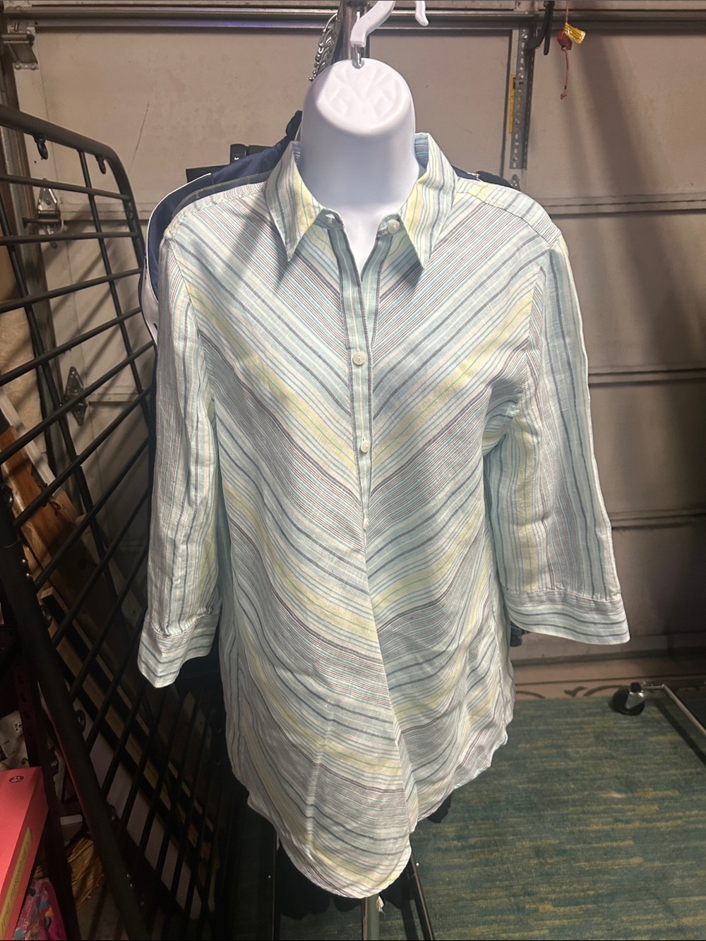 Chico's Mint and Yellow Striped Button-Down Shirt